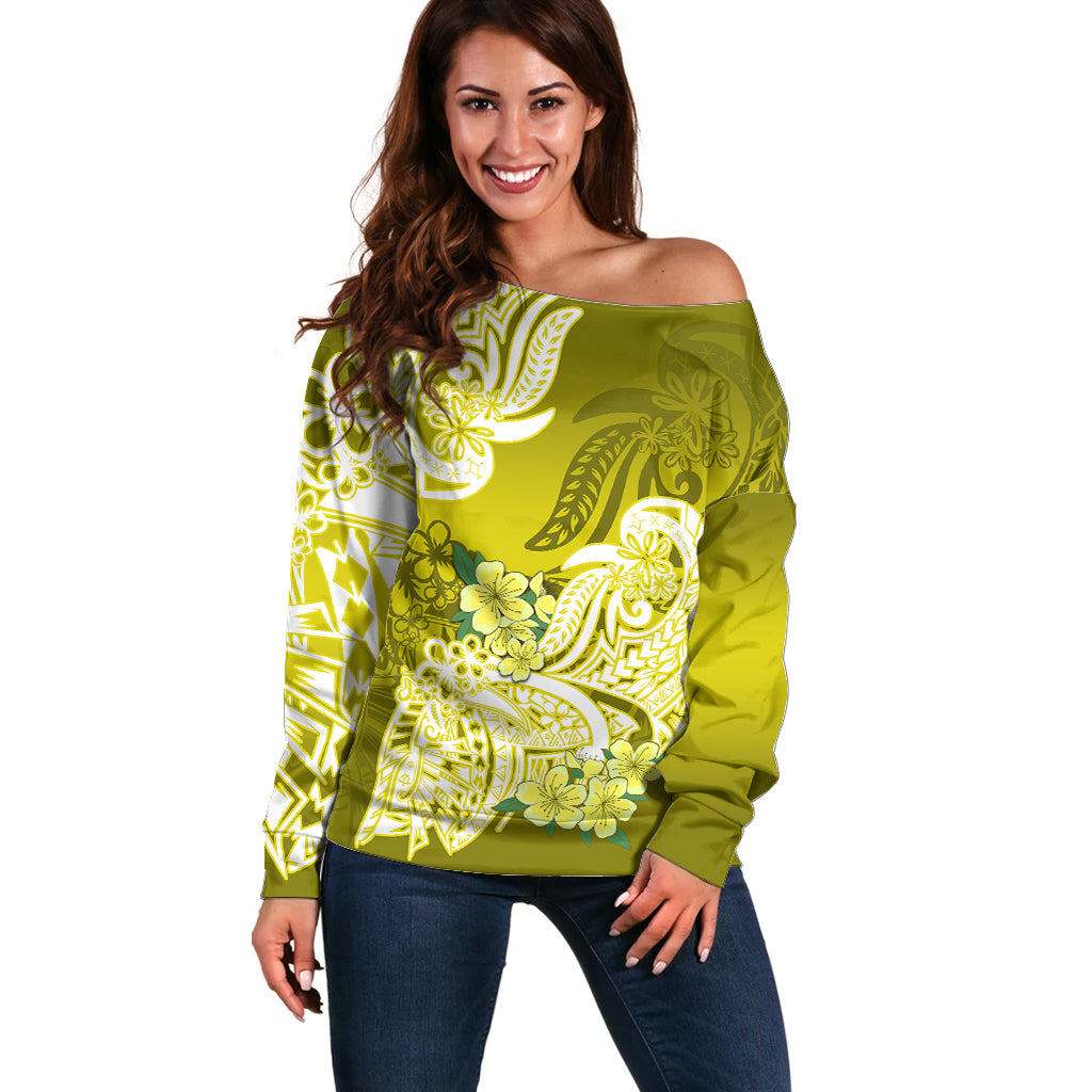 Polynesian Off Shoulder Sweater Pacific Flower Mix Floral Tribal Tattoo Yellow Vibe LT9 Women Yellow - Polynesian Pride