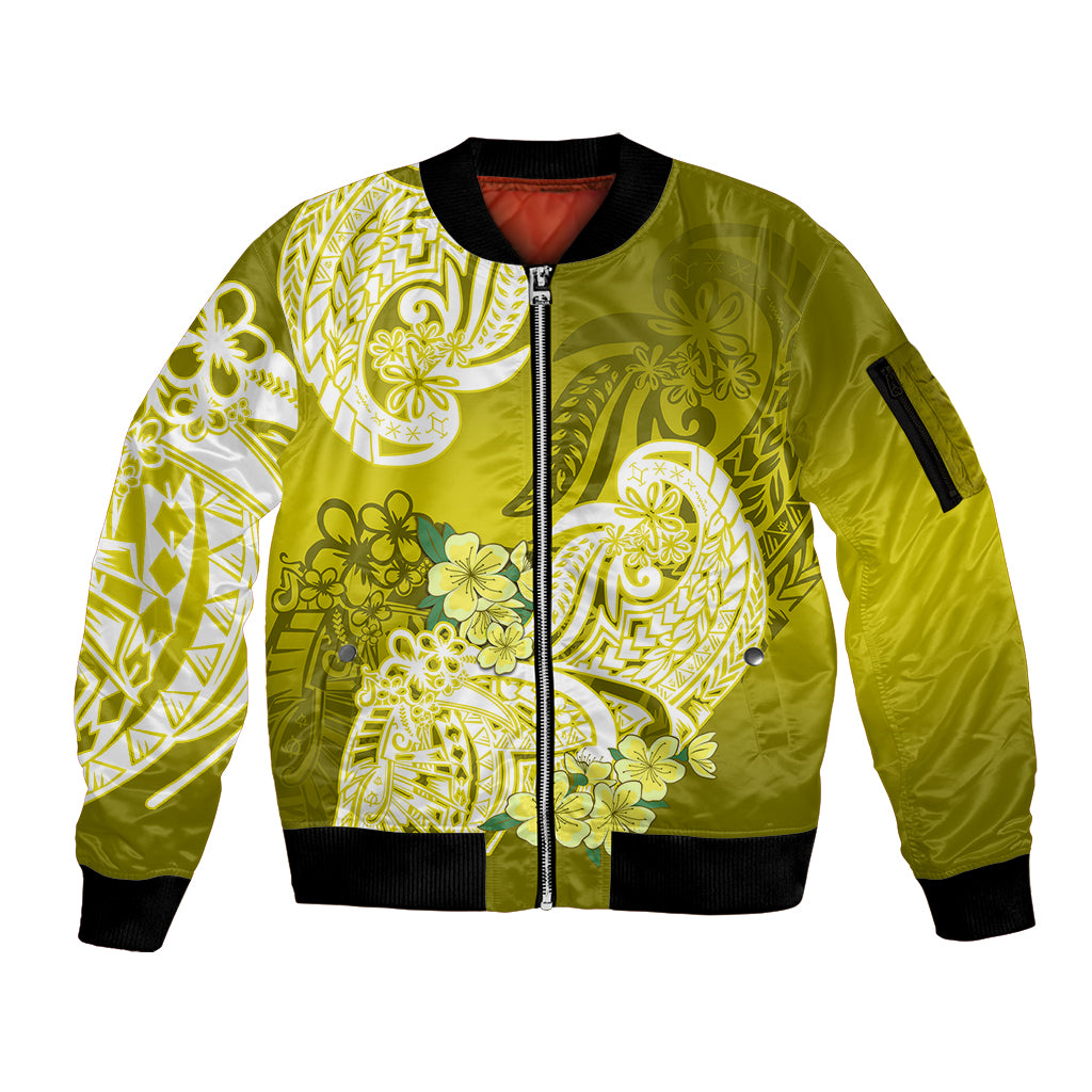 Polynesian Sleeve Zip Bomber Jacket Pacific Flower Mix Floral Tribal Tattoo Yellow Vibe LT9 Unisex Yellow - Polynesian Pride
