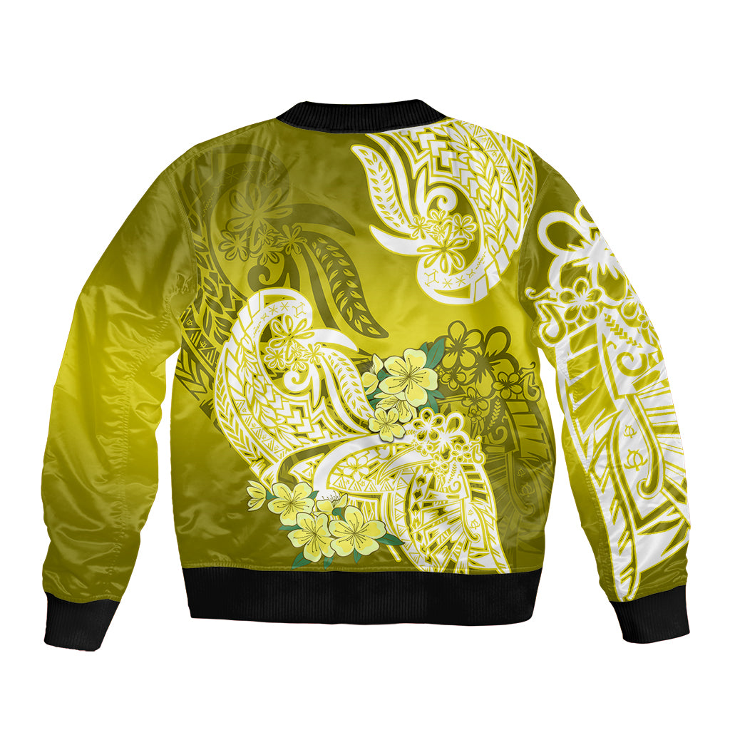 Polynesian Sleeve Zip Bomber Jacket Pacific Flower Mix Floral Tribal Tattoo Yellow Vibe LT9 - Polynesian Pride