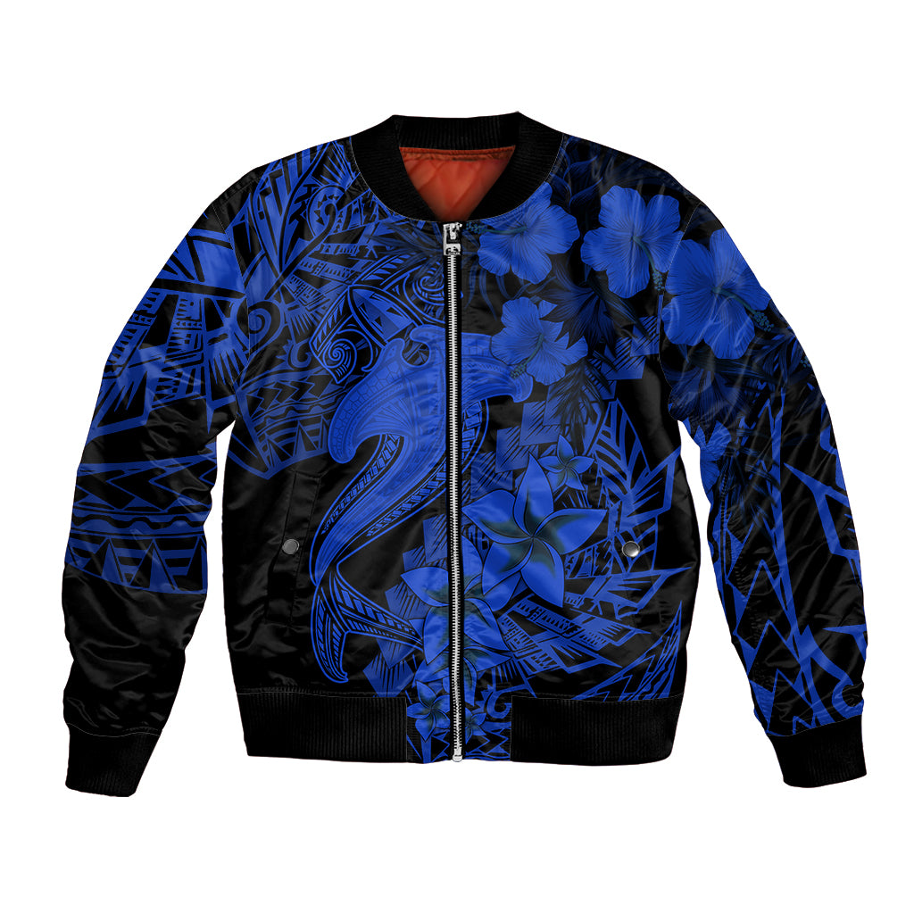 Aloha Hawaii Bomber Jacket Hammerhead Shark Tattoo Polynesian Summer - Blue LT9 Unisex Blue - Polynesian Pride