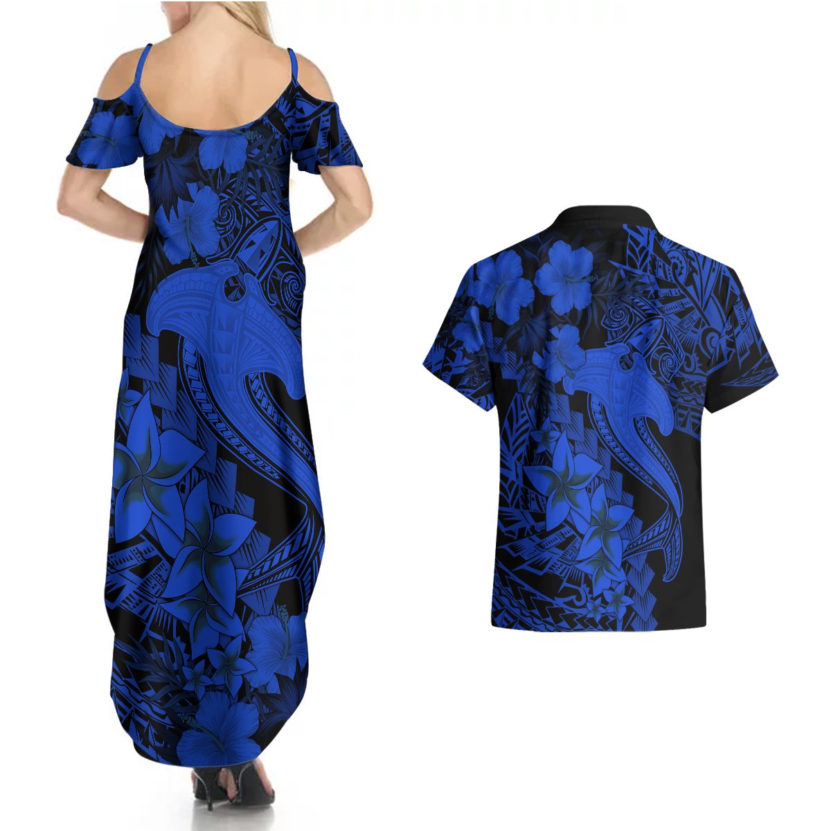 Aloha Hawaii Couples Matching Summer Maxi Dress and Hawaiian Shirt Hammerhead Shark Tattoo Polynesian Summer - Blue LT9 - Polynesian Pride