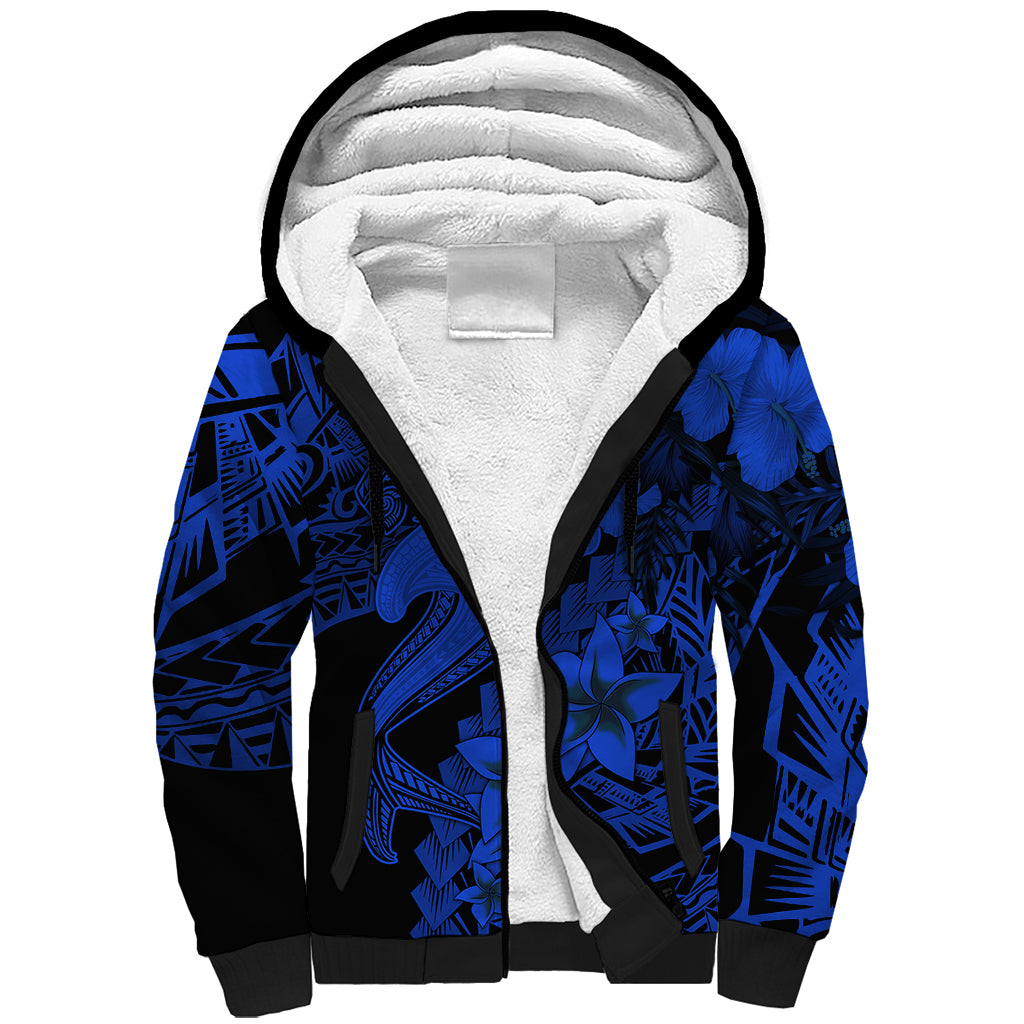 Aloha Hawaii Sherpa Hoodie Hammerhead Shark Tattoo Polynesian Summer - Blue LT9 Unisex Blue - Polynesian Pride