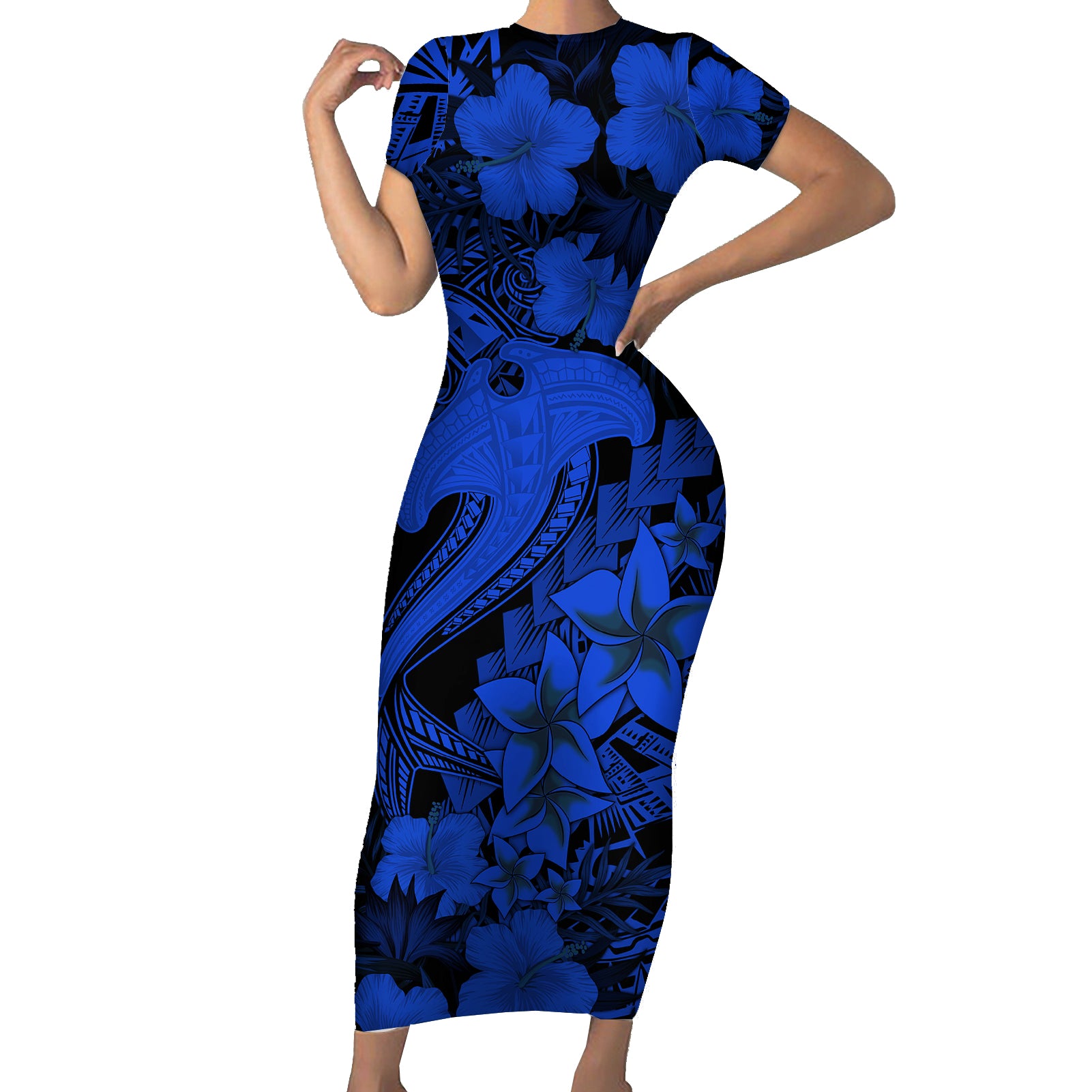 Aloha Hawaii Short Sleeve Bodycon Dress Hammerhead Shark Tattoo Polynesian Summer - Blue LT9 Long Dress Blue - Polynesian Pride