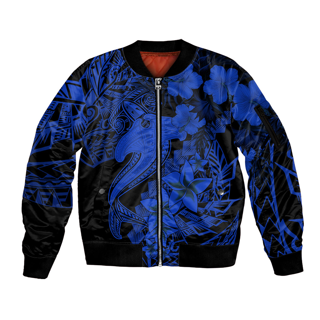 Aloha Hawaii Sleeve Zip Bomber Jacket Hammerhead Shark Tattoo Polynesian Summer - Blue LT9 Unisex Blue - Polynesian Pride