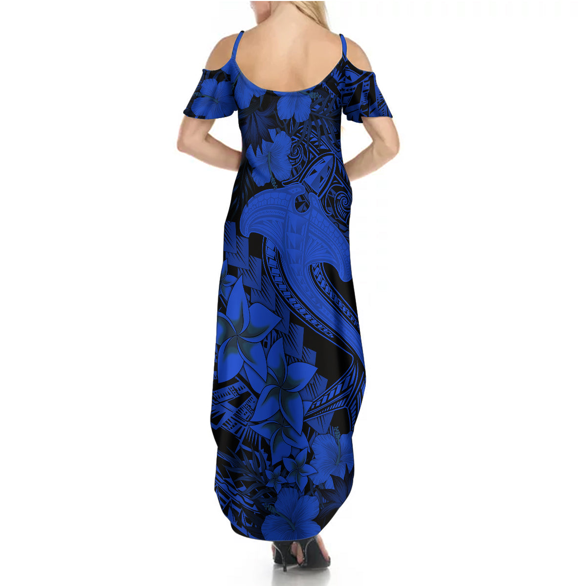 Aloha Hawaii Summer Maxi Dress Hammerhead Shark Tattoo Polynesian Summer - Blue LT9 - Polynesian Pride