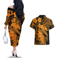 Aloha Hawaii Couples Matching Off The Shoulder Long Sleeve Dress and Hawaiian Shirt Hammerhead Shark Tattoo Polynesian Summer - Gold LT9 - Polynesian Pride