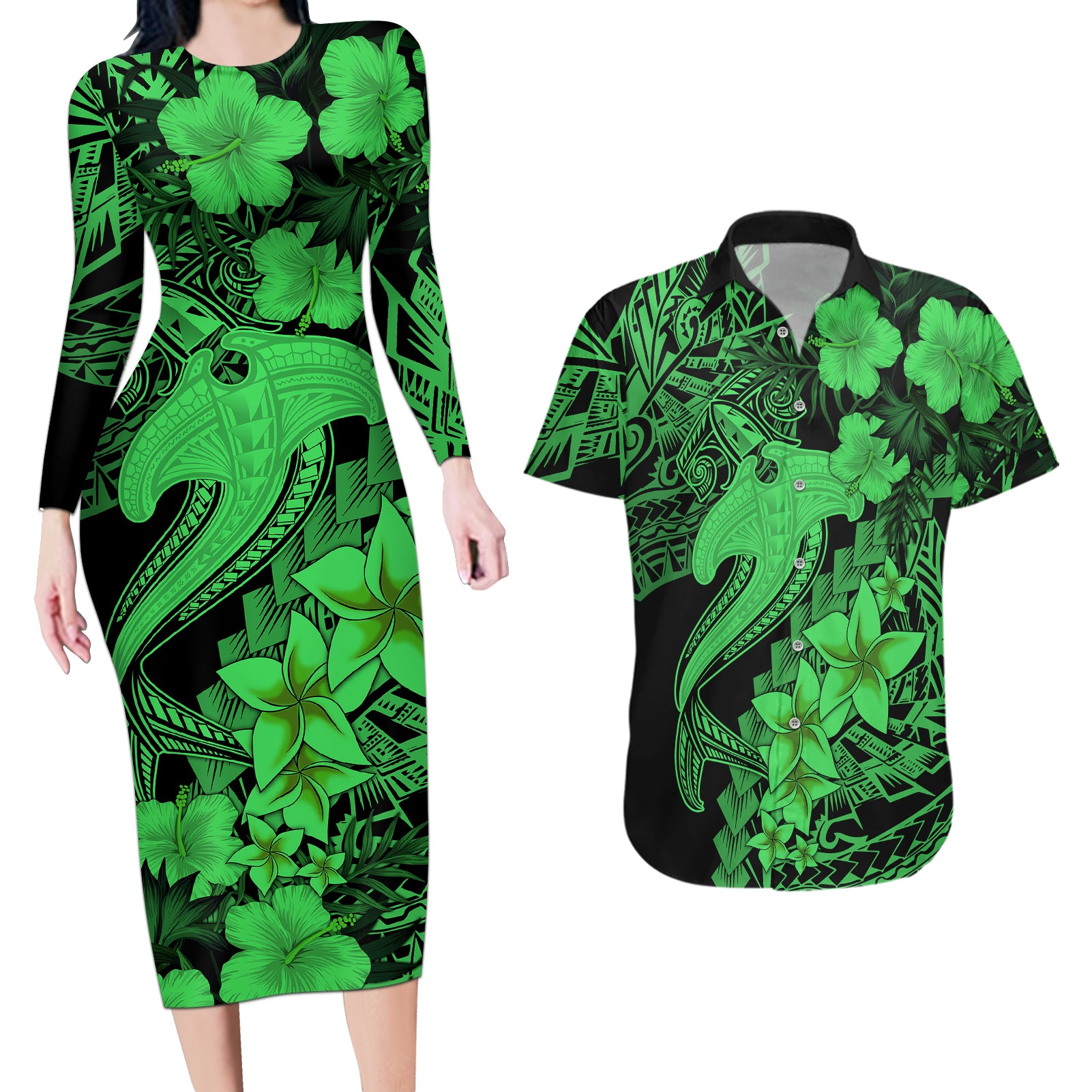 Aloha Hawaii Couples Matching Long Sleeve Bodycon Dress and Hawaiian Shirt Hammerhead Shark Tattoo Polynesian Summer - Green LT9 Green - Polynesian Pride