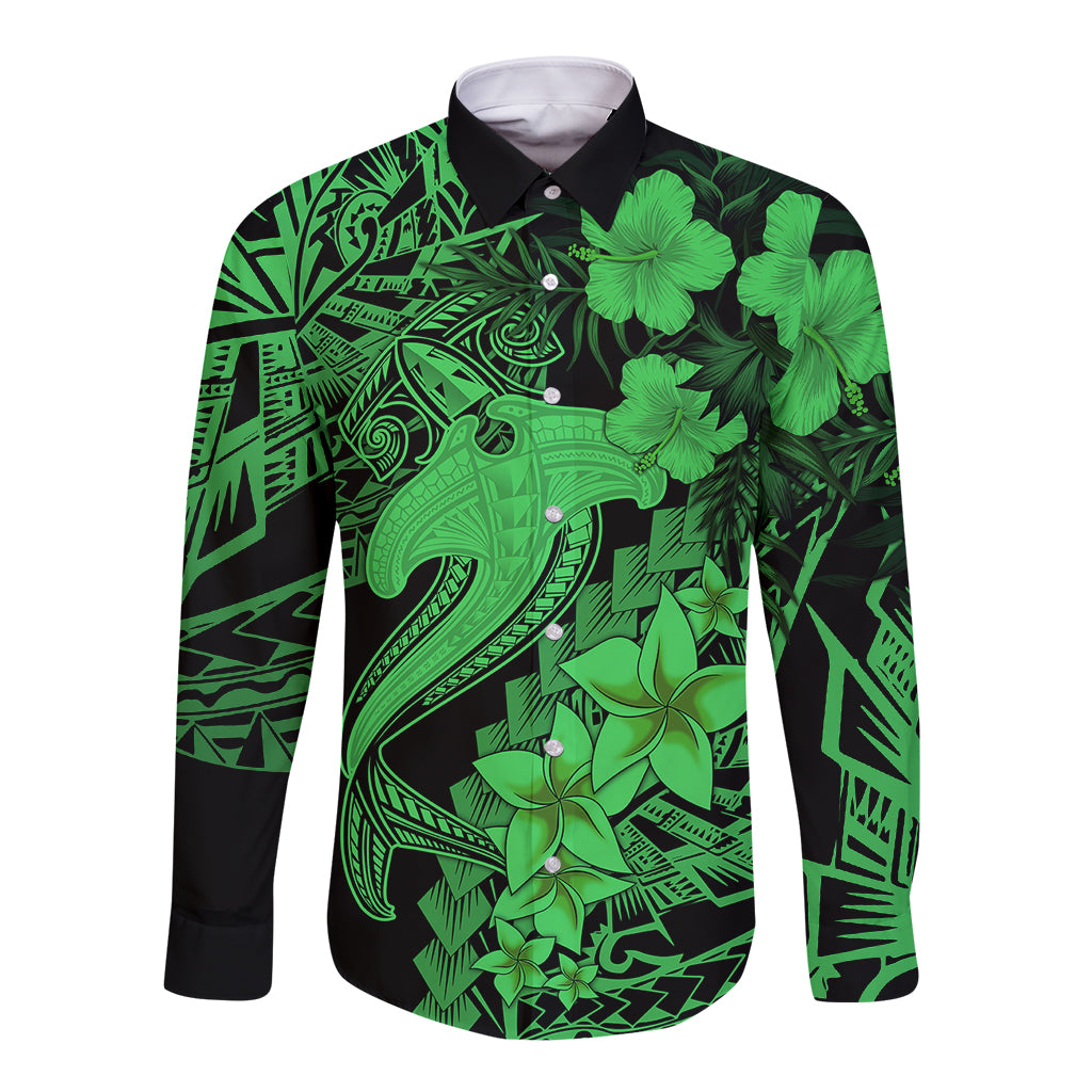 Aloha Hawaii Long Sleeve Button Shirt Hammerhead Shark Tattoo Polynesian Summer - Green LT9 Unisex Green - Polynesian Pride