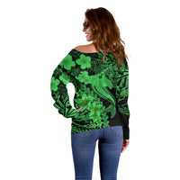 Aloha Hawaii Off Shoulder Sweater Hammerhead Shark Tattoo Polynesian Summer - Green LT9 - Polynesian Pride