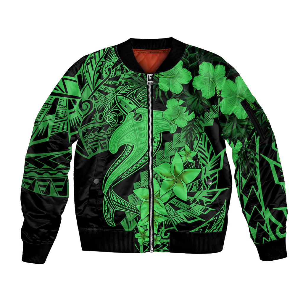 Aloha Hawaii Sleeve Zip Bomber Jacket Hammerhead Shark Tattoo Polynesian Summer - Green LT9 Unisex Green - Polynesian Pride