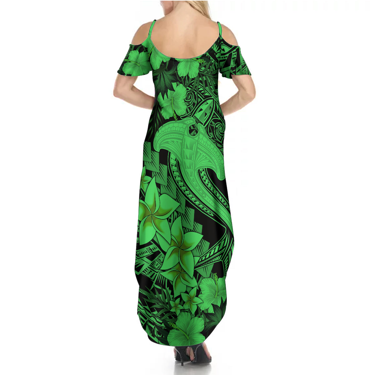 Aloha Hawaii Summer Maxi Dress Hammerhead Shark Tattoo Polynesian Summer - Green LT9 - Polynesian Pride