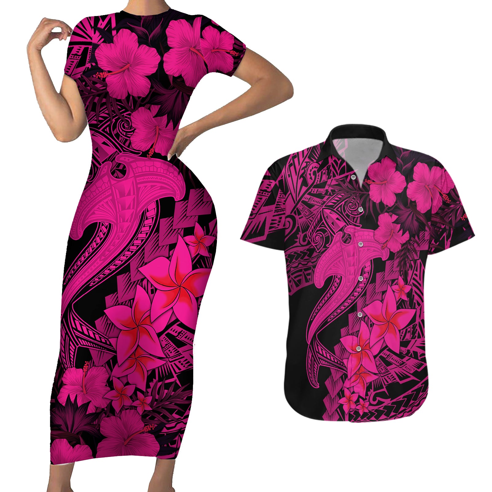 Aloha Hawaii Couples Matching Short Sleeve Bodycon Dress and Hawaiian Shirt Hammerhead Shark Tattoo Polynesian Summer - Pink LT9 Pink - Polynesian Pride