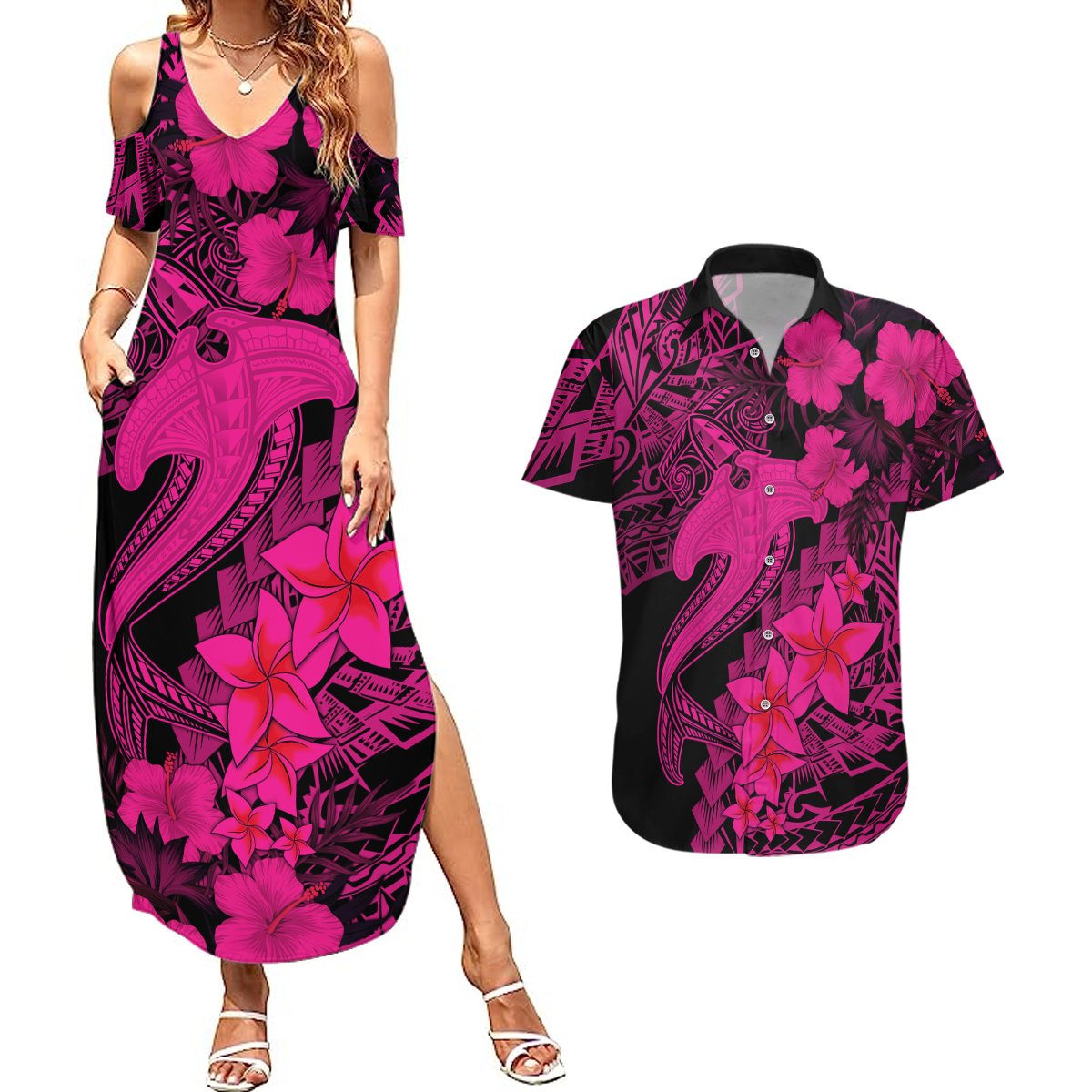 Aloha Hawaii Couples Matching Summer Maxi Dress and Hawaiian Shirt Hammerhead Shark Tattoo Polynesian Summer - Pink LT9 Pink - Polynesian Pride