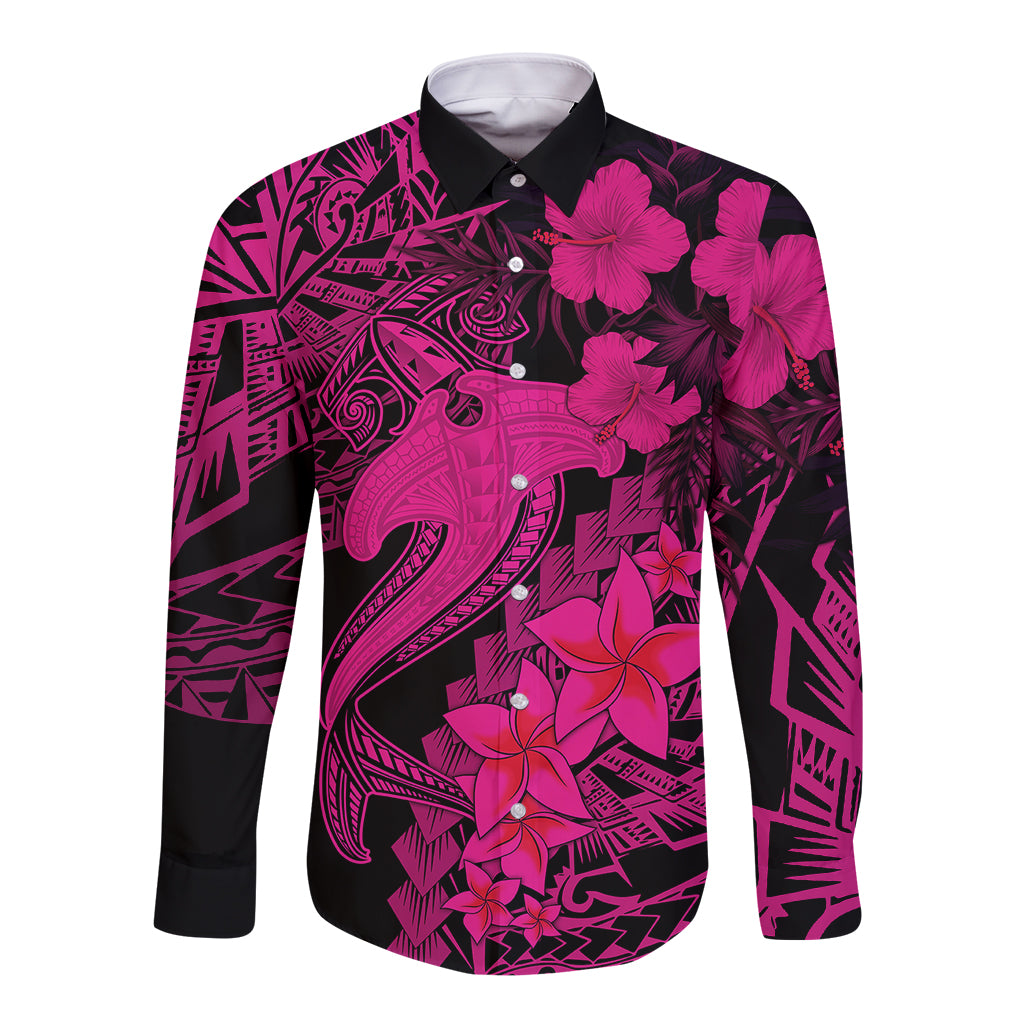 Aloha Hawaii Long Sleeve Button Shirt Hammerhead Shark Tattoo Polynesian Summer - Pink LT9 Unisex Pink - Polynesian Pride