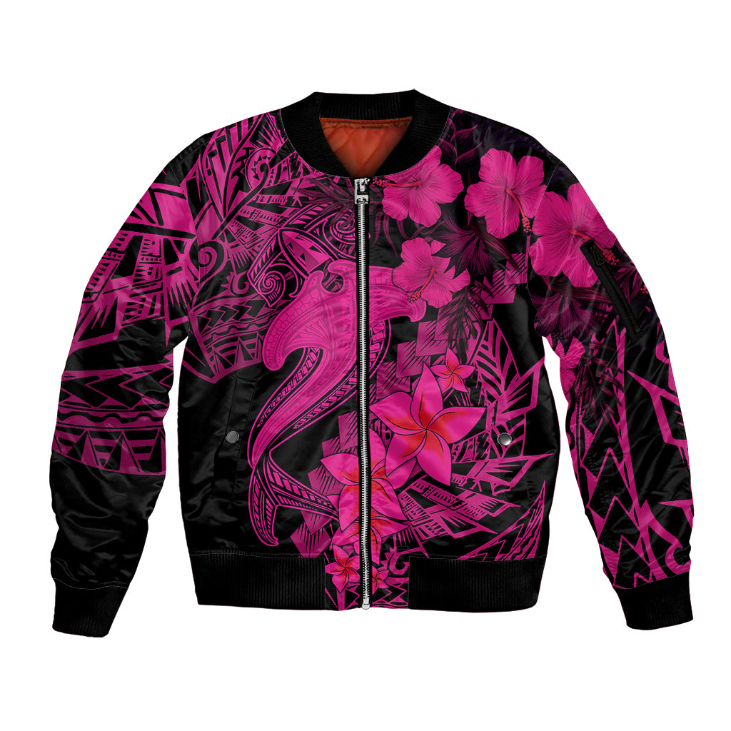 Aloha Hawaii Sleeve Zip Bomber Jacket Hammerhead Shark Tattoo Polynesian Summer - Pink LT9 Unisex Pink - Polynesian Pride