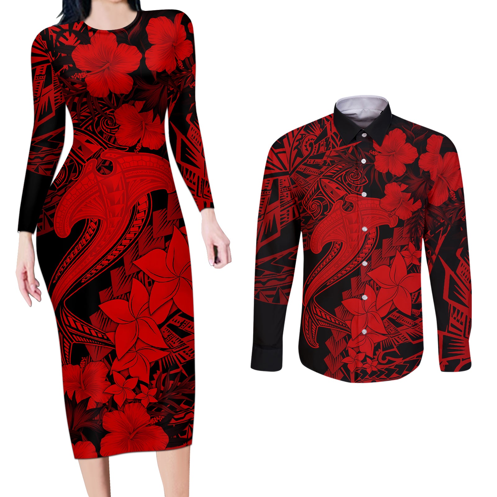 Aloha Hawaii Couples Matching Long Sleeve Bodycon Dress and Long Sleeve Button Shirts Hammerhead Shark Tattoo Polynesian Summer - Red LT9 Red - Polynesian Pride