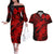 Aloha Hawaii Couples Matching Off The Shoulder Long Sleeve Dress and Hawaiian Shirt Hammerhead Shark Tattoo Polynesian Summer - Red LT9 Red - Polynesian Pride