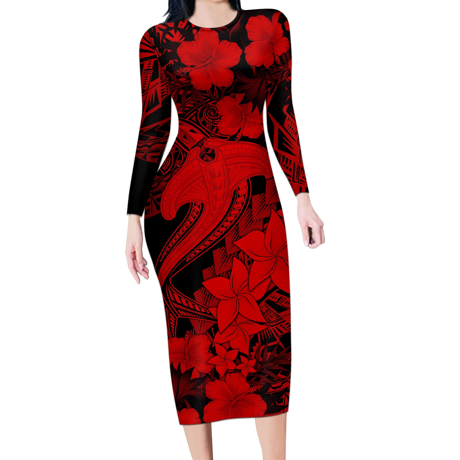 Aloha Hawaii Long Sleeve Bodycon Dress Hammerhead Shark Tattoo Polynesian Summer - Red LT9 Long Dress Red - Polynesian Pride