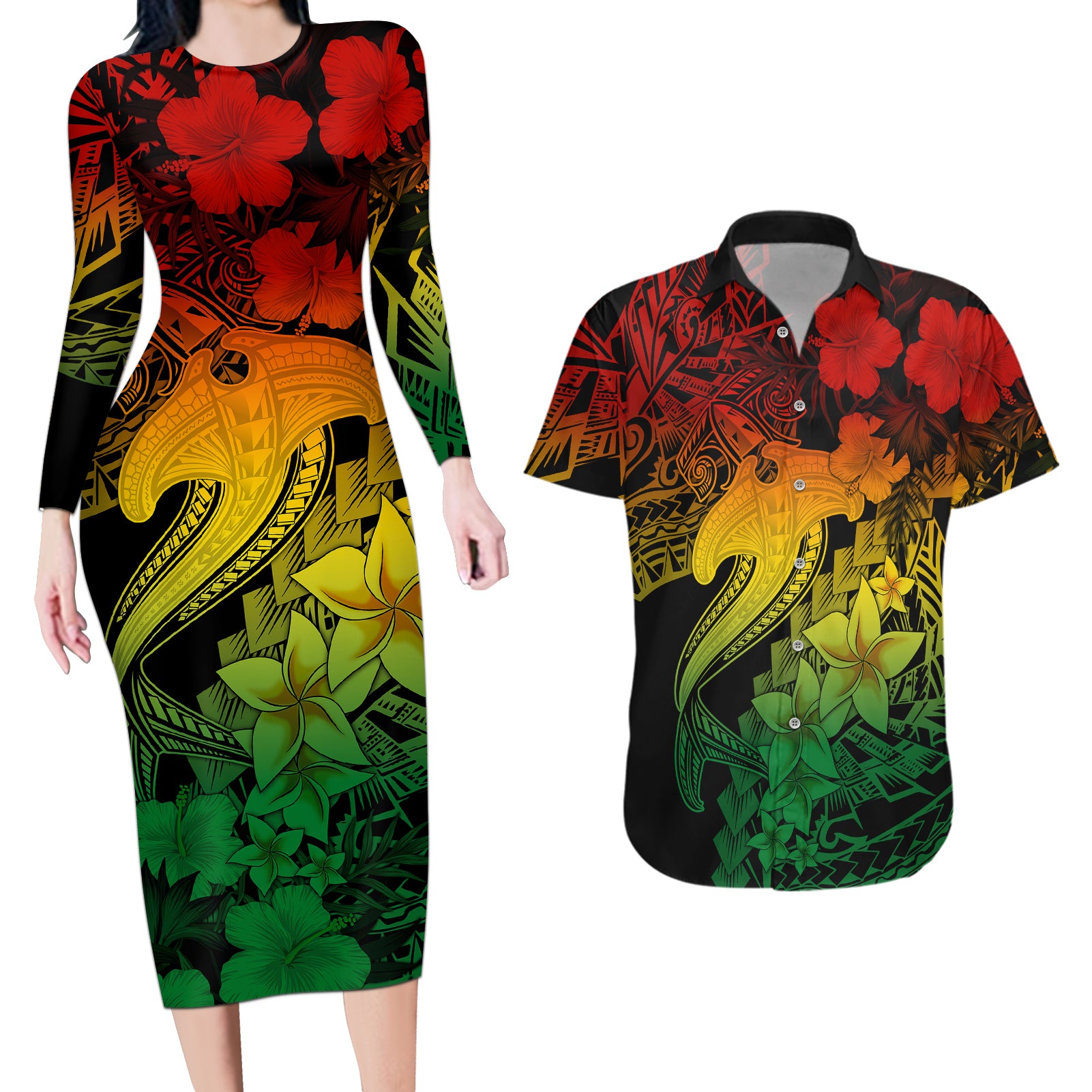 Aloha Hawaii Couples Matching Long Sleeve Bodycon Dress and Hawaiian Shirt Hammerhead Shark Tattoo Polynesian Summer - Reggae LT9 Reggae - Polynesian Pride