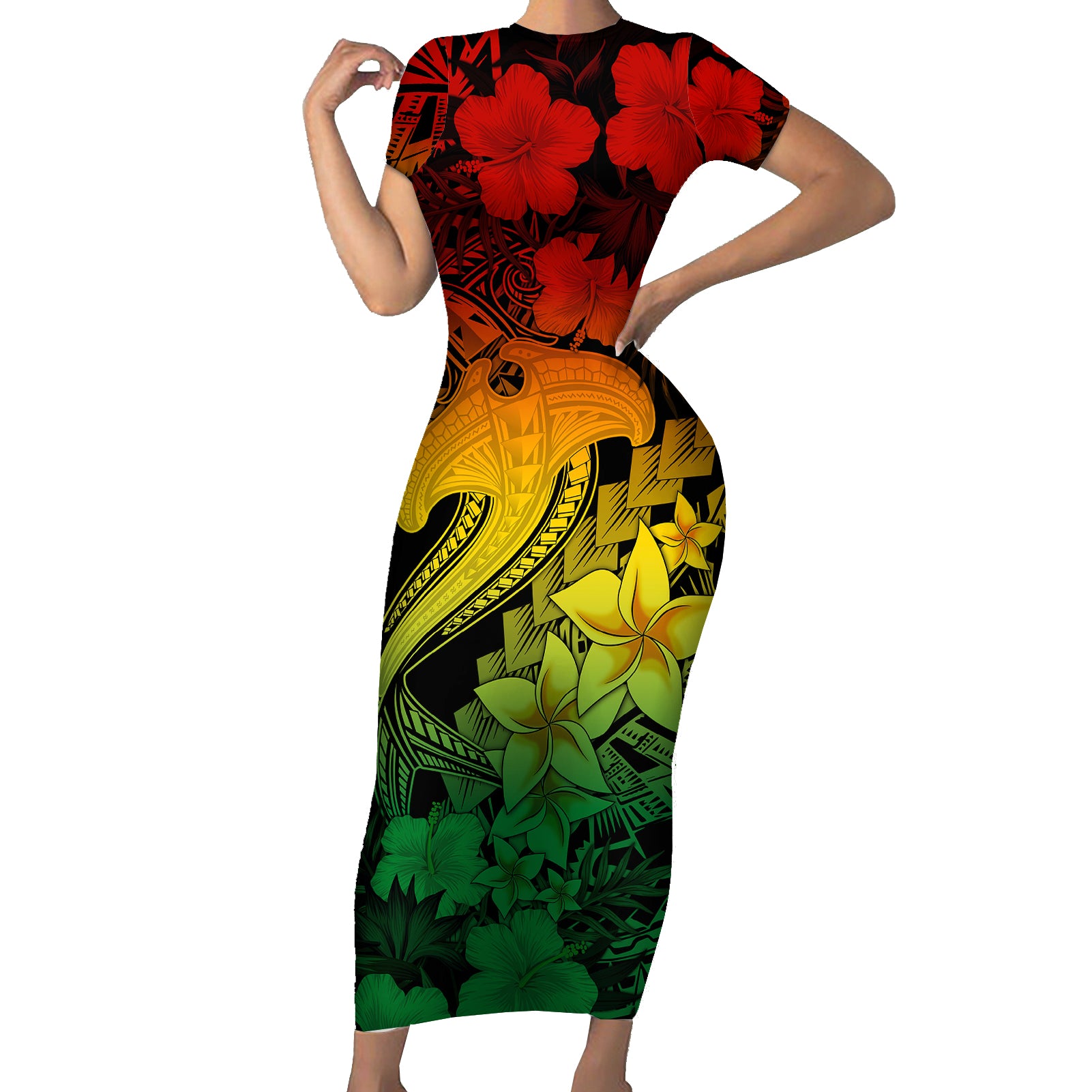 Aloha Hawaii Short Sleeve Bodycon Dress Hammerhead Shark Tattoo Polynesian Summer - Reggae LT9 Long Dress Reggae - Polynesian Pride