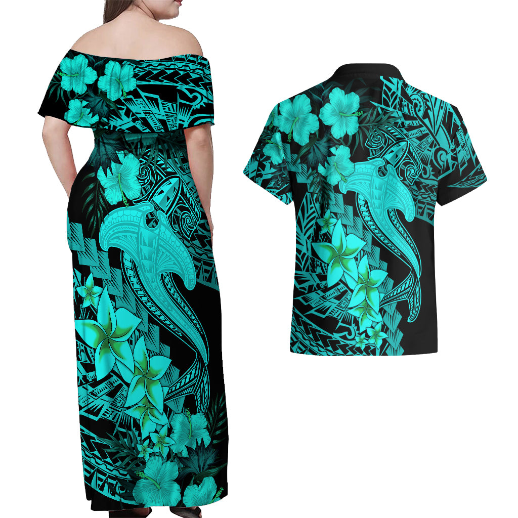 Aloha Hawaii Couples Matching Off Shoulder Maxi Dress and Hawaiian Shirt Hammerhead Shark Tattoo Polynesian Summer - Turquoise LT9 - Polynesian Pride