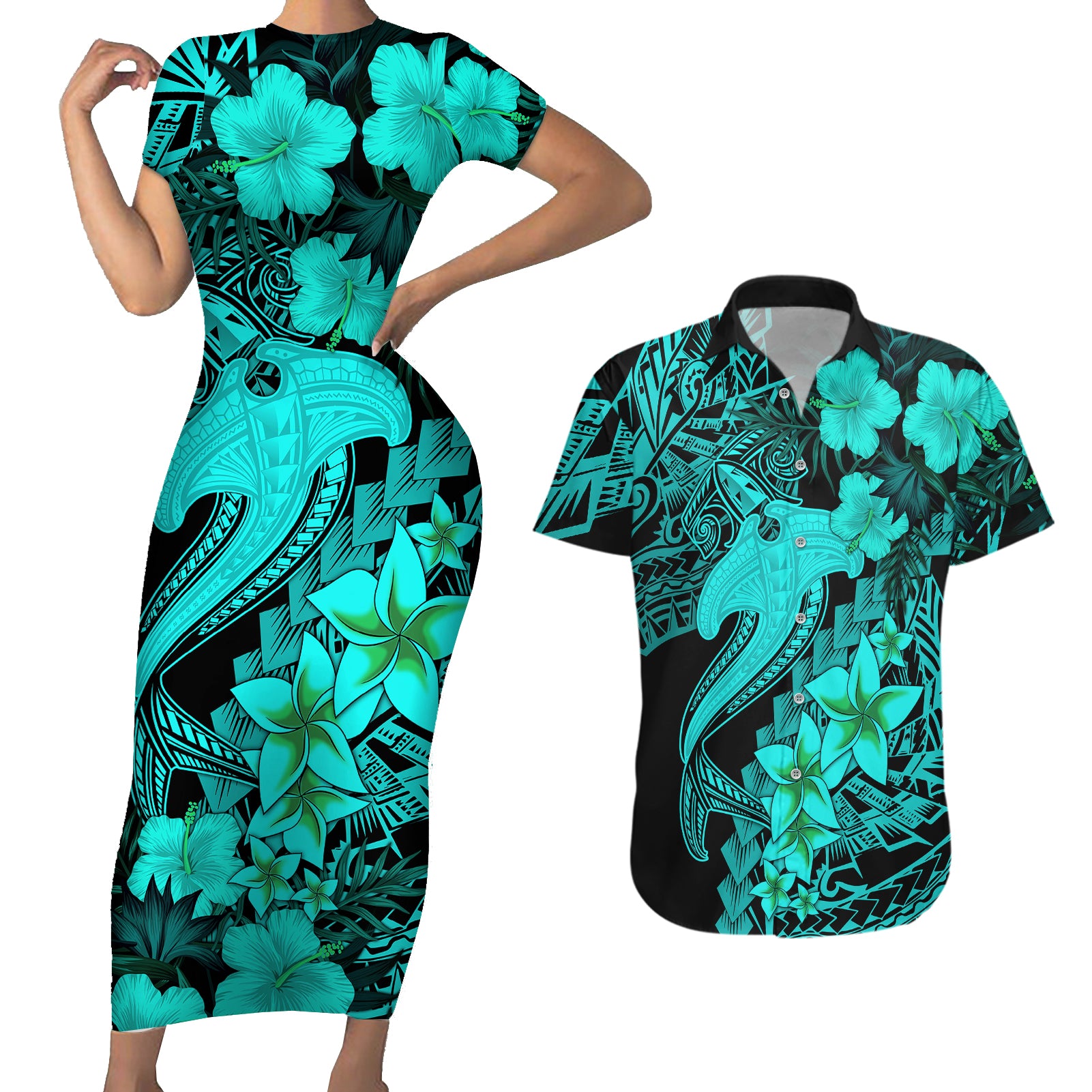 Aloha Hawaii Couples Matching Short Sleeve Bodycon Dress and Hawaiian Shirt Hammerhead Shark Tattoo Polynesian Summer - Turquoise LT9 Turquoise - Polynesian Pride