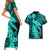 Aloha Hawaii Couples Matching Short Sleeve Bodycon Dress and Hawaiian Shirt Hammerhead Shark Tattoo Polynesian Summer - Turquoise LT9 - Polynesian Pride