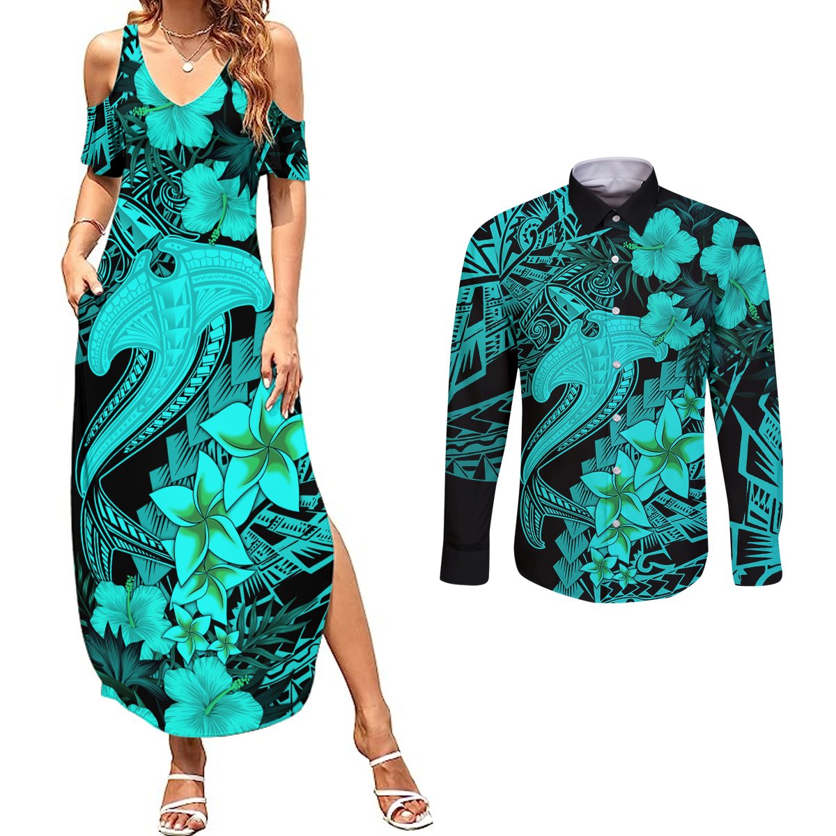 Aloha Hawaii Couples Matching Summer Maxi Dress and Long Sleeve Button Shirts Hammerhead Shark Tattoo Polynesian Summer - Turquoise LT9 Turquoise - Polynesian Pride