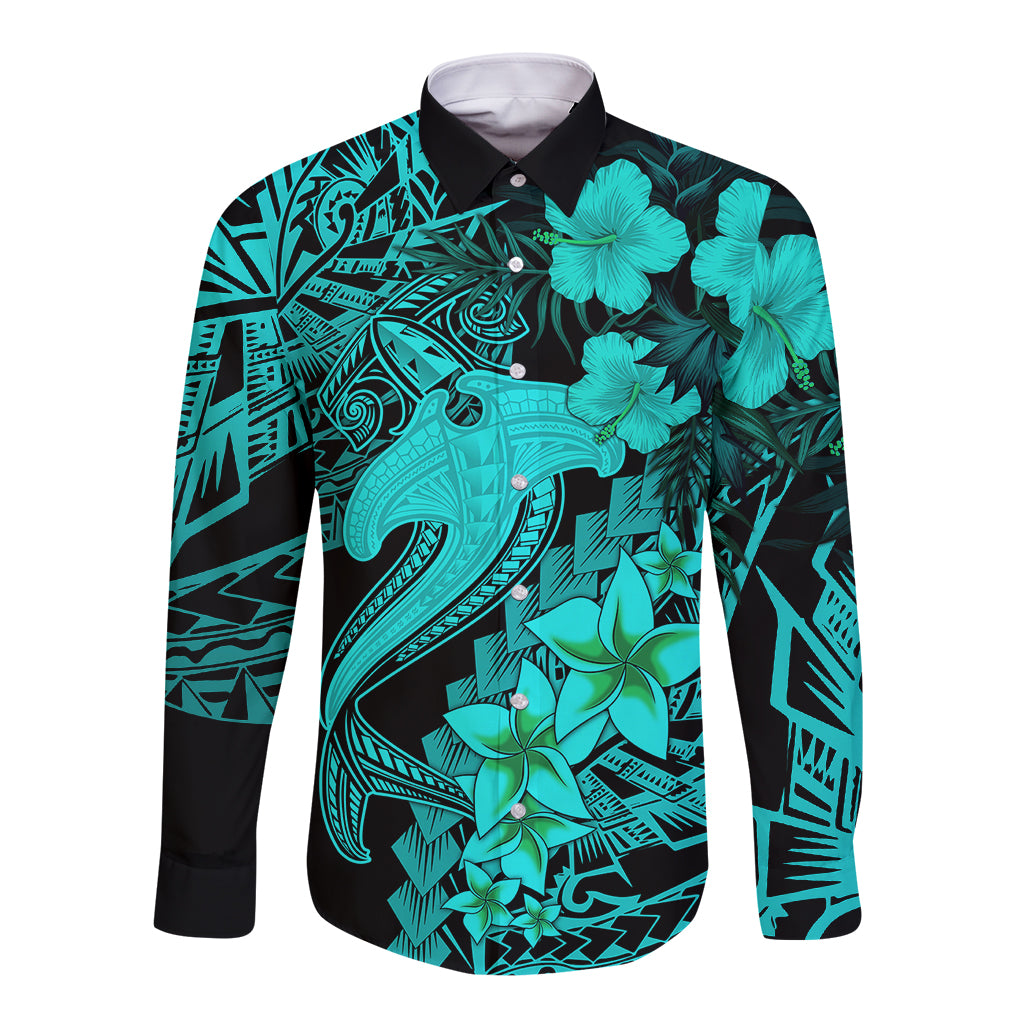 Aloha Hawaii Long Sleeve Button Shirt Hammerhead Shark Tattoo Polynesian Summer - Turquoise LT9 Unisex Turquoise - Polynesian Pride