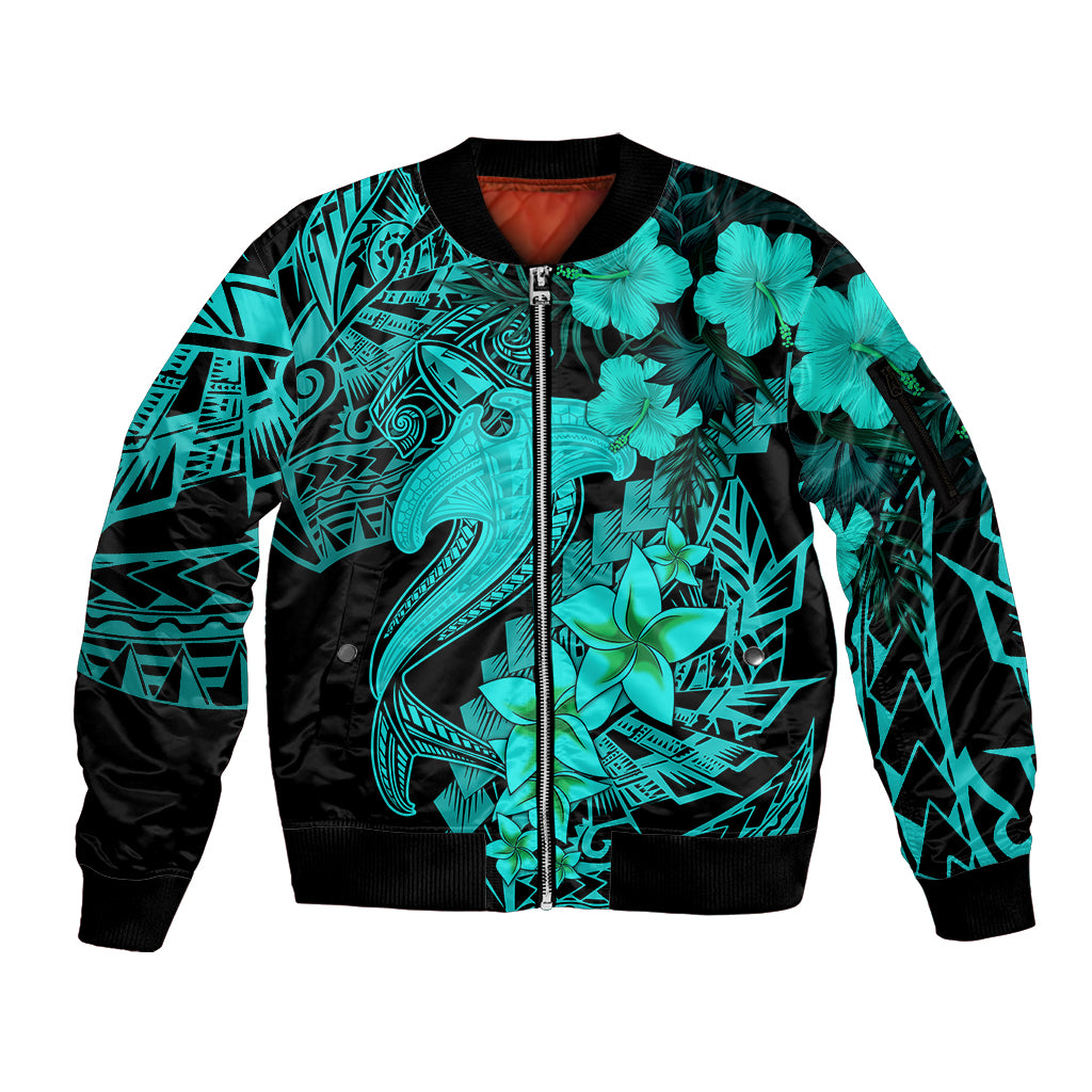 Aloha Hawaii Sleeve Zip Bomber Jacket Hammerhead Shark Tattoo Polynesian Summer - Turquoise LT9 Unisex Turquoise - Polynesian Pride