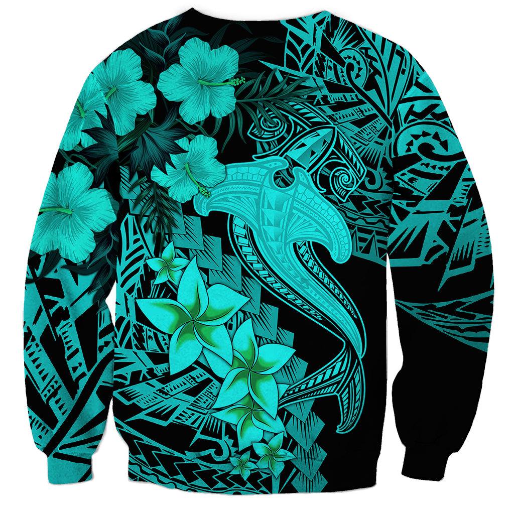 Aloha Hawaii Sweatshirt Hammerhead Shark Tattoo Polynesian Summer - Turquoise LT9 - Polynesian Pride