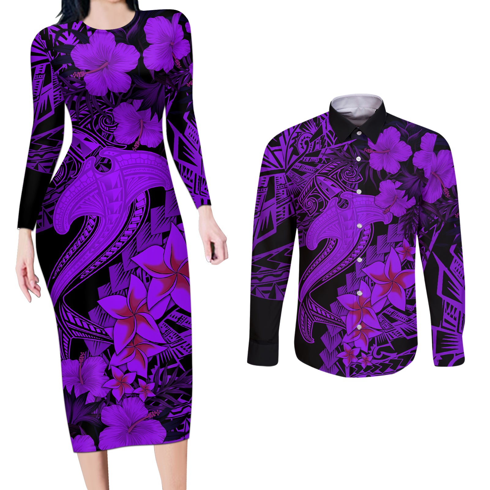 Aloha Hawaii Couples Matching Long Sleeve Bodycon Dress and Long Sleeve Button Shirts Hammerhead Shark Tattoo Polynesian Summer - Violet LT9 Violet - Polynesian Pride