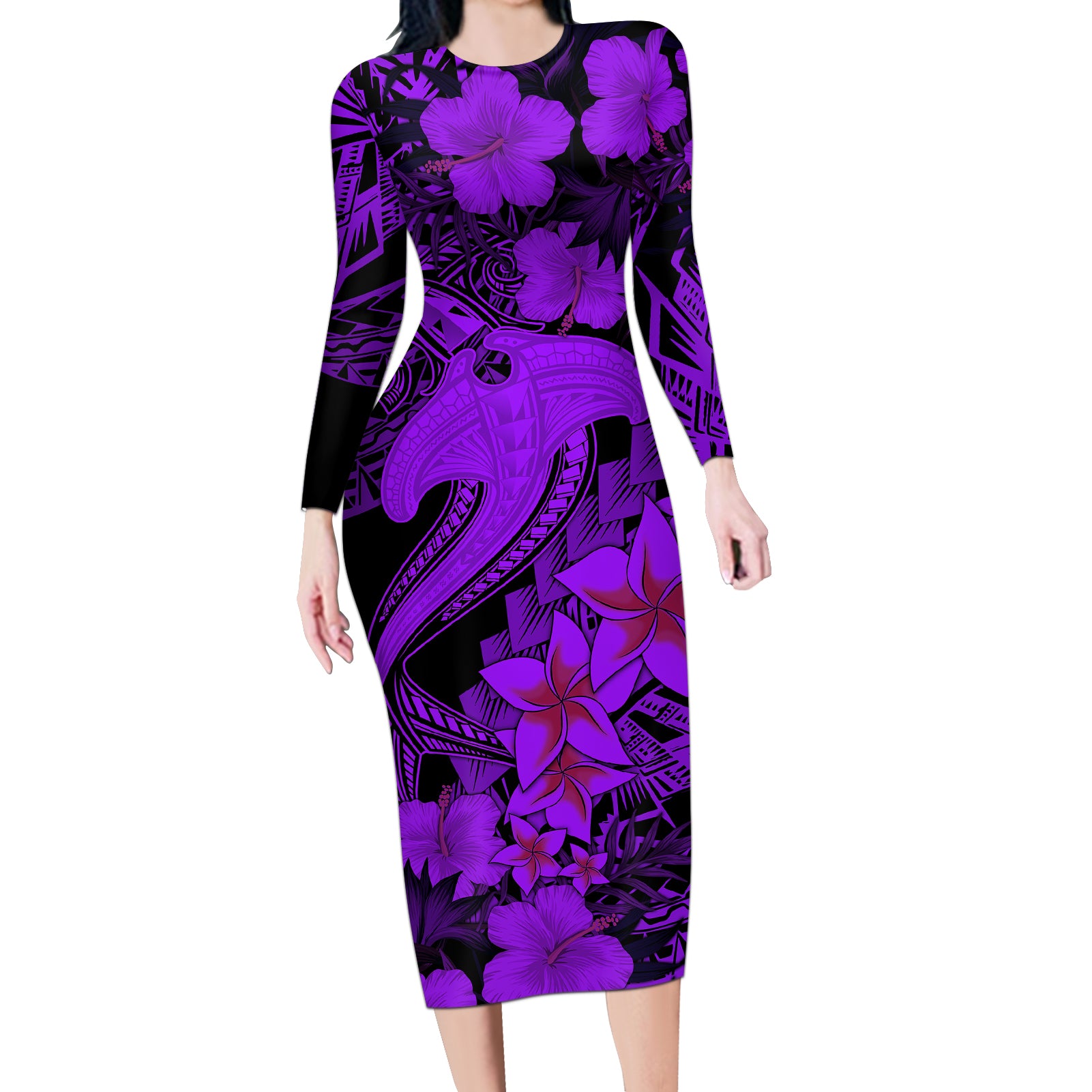 Aloha Hawaii Long Sleeve Bodycon Dress Hammerhead Shark Tattoo Polynesian Summer - Violet LT9 Long Dress Violet - Polynesian Pride