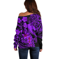 Aloha Hawaii Off Shoulder Sweater Hammerhead Shark Tattoo Polynesian Summer - Violet LT9 - Polynesian Pride