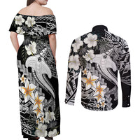 Aloha Hawaii Couples Matching Off Shoulder Maxi Dress and Long Sleeve Button Shirts Hammerhead Shark Tattoo Polynesian Summer - White LT9 - Polynesian Pride