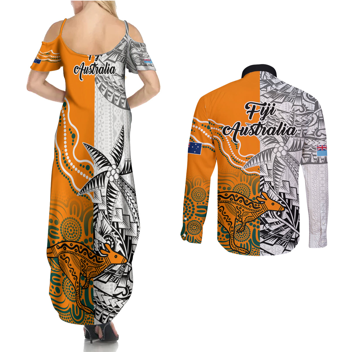 fiji-australia-rugby-couples-matching-summer-maxi-dress-and-long-sleeve-button-shirts-world-cup-2023-polynesia-tapa-mixed-indigenous-aboriginal