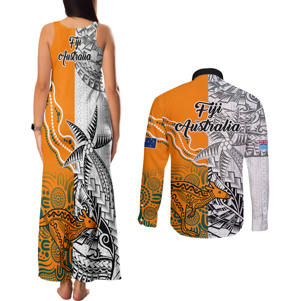 fiji-australia-rugby-couples-matching-tank-maxi-dress-and-long-sleeve-button-shirts-world-cup-2023-polynesia-tapa-mixed-indigenous-aboriginal