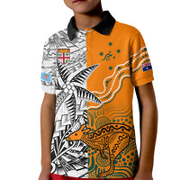 Fiji Australia Rugby Kid Polo Shirt World Cup 2023 Polynesia Tapa Mixed Indigenous Aboriginal LT9 Kid Gold - Polynesian Pride