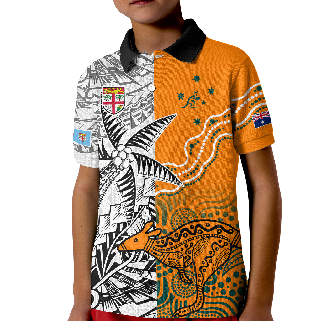 Personalised Fiji Australia Rugby Kid Polo Shirt World Cup 2023 Polynesia Tapa Mixed Indigenous Aboriginal LT9 Kid Gold - Polynesian Pride