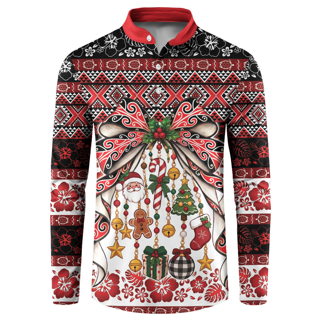 New Zealand Kowhaiwhai Taniko Christmas Bow Button Sweatshirt Meri Kirihimete