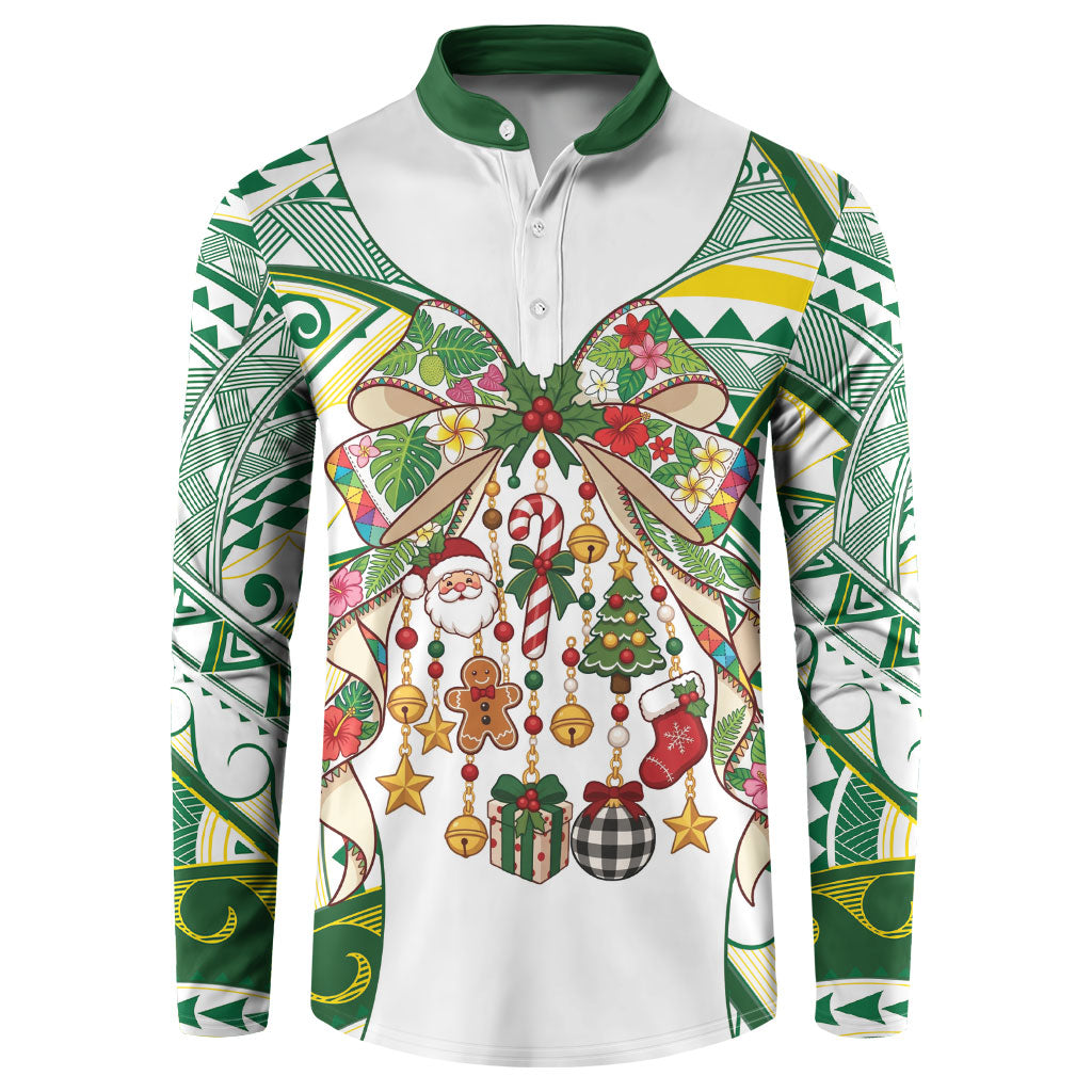 Cook Islands Tīvaevae Christmas Bow Button Sweatshirt Gold Green Kuki Tribal Pattern