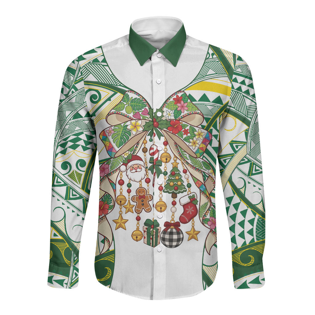 Cook Islands Tīvaevae Christmas Bow Long Sleeve Button Shirt Gold Green Kuki Tribal Pattern