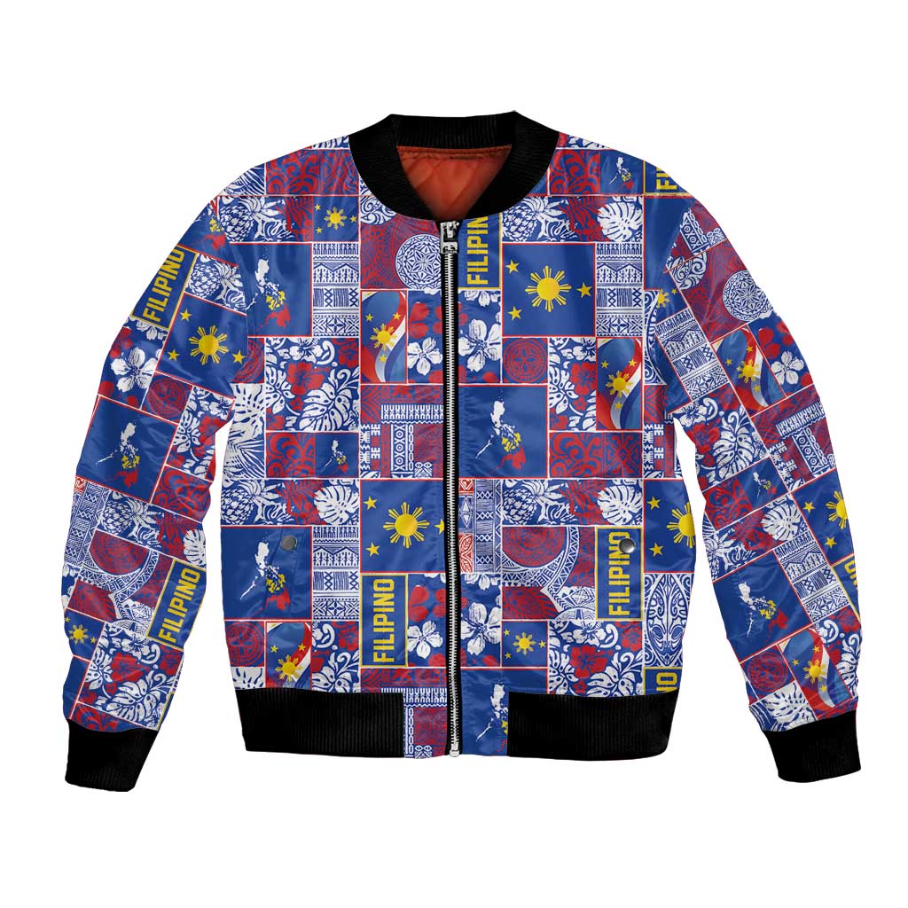 Filipino Maligayang Pasko Bomber Jacket Pacific Patchwork Xmas Vibes LT9 Unisex Blue - Polynesian Pride