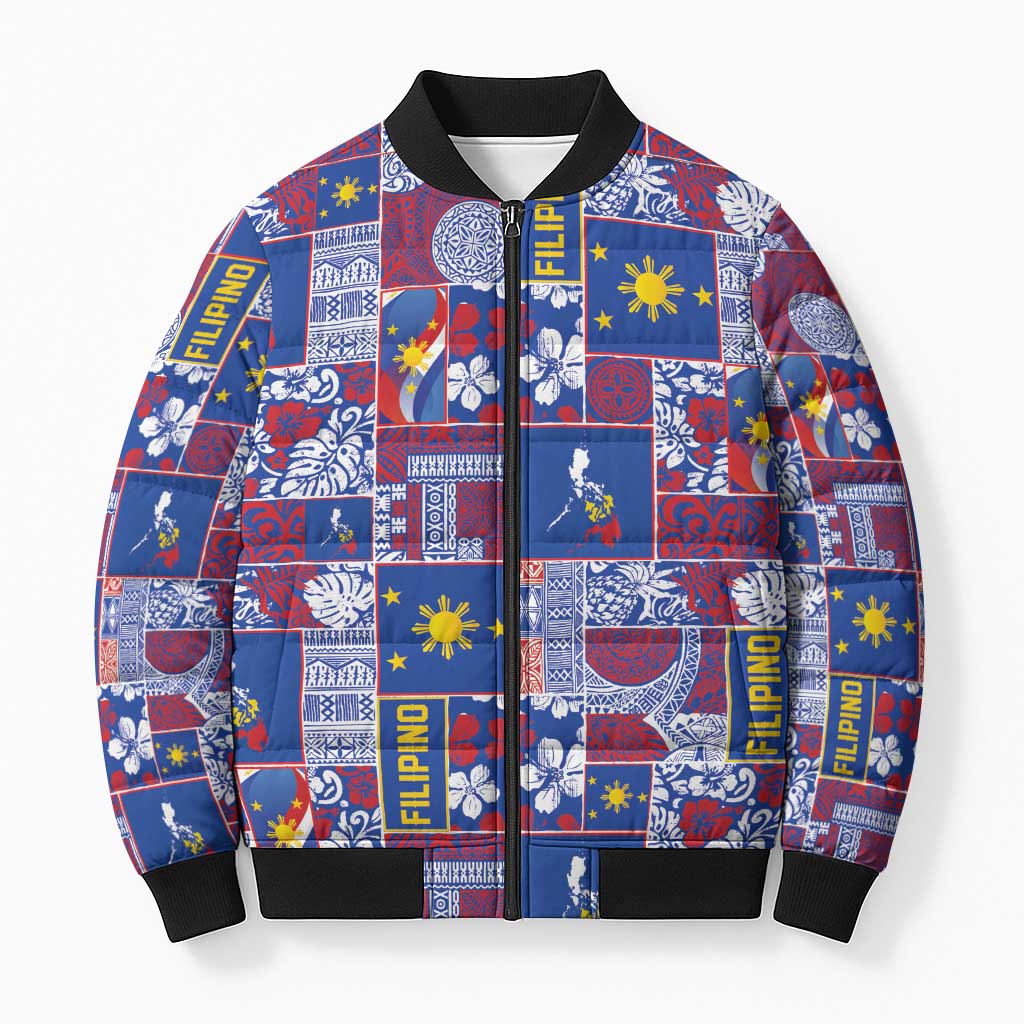 Filipino Maligayang Pasko Bomber Puffer Jacket Pacific Patchwork Xmas Vibes LT9 Unisex Blue - Polynesian Pride
