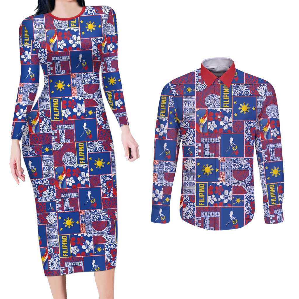 Filipino Maligayang Pasko Couples Matching Long Sleeve Bodycon Dress and Long Sleeve Button Shirt Pacific Patchwork Xmas Vibes LT9 Blue - Polynesian Pride