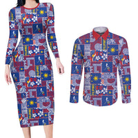 Filipino Maligayang Pasko Couples Matching Long Sleeve Bodycon Dress and Long Sleeve Button Shirt Pacific Patchwork Xmas Vibes LT9 Blue - Polynesian Pride