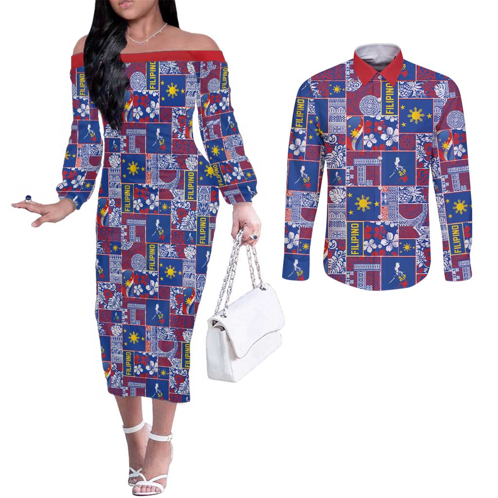 Filipino Maligayang Pasko Couples Matching Off The Shoulder Long Sleeve Dress and Long Sleeve Button Shirt Pacific Patchwork Xmas Vibes LT9 Blue - Polynesian Pride