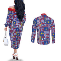 Filipino Maligayang Pasko Couples Matching Off The Shoulder Long Sleeve Dress and Long Sleeve Button Shirt Pacific Patchwork Xmas Vibes LT9 - Polynesian Pride