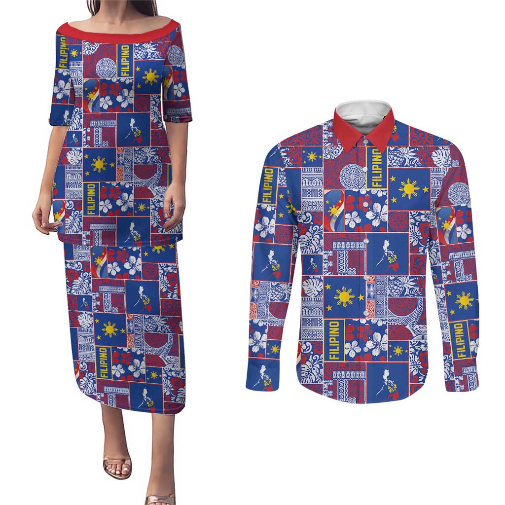 Filipino Maligayang Pasko Couples Matching Puletasi and Long Sleeve Button Shirt Pacific Patchwork Xmas Vibes - Polynesian Pride