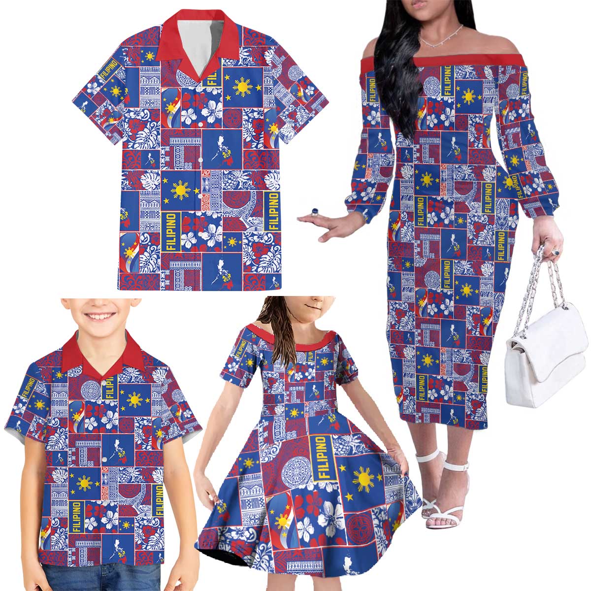 Filipino Maligayang Pasko Family Matching Off The Shoulder Long Sleeve Dress and Hawaiian Shirt Pacific Patchwork Xmas Vibes - Polynesian Pride